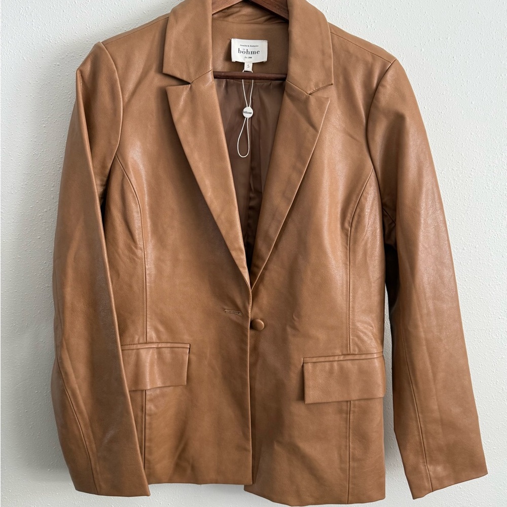 Böhme Camel Faux Leather Blazer Jacket Tailored Vegan Leather Small NWOT